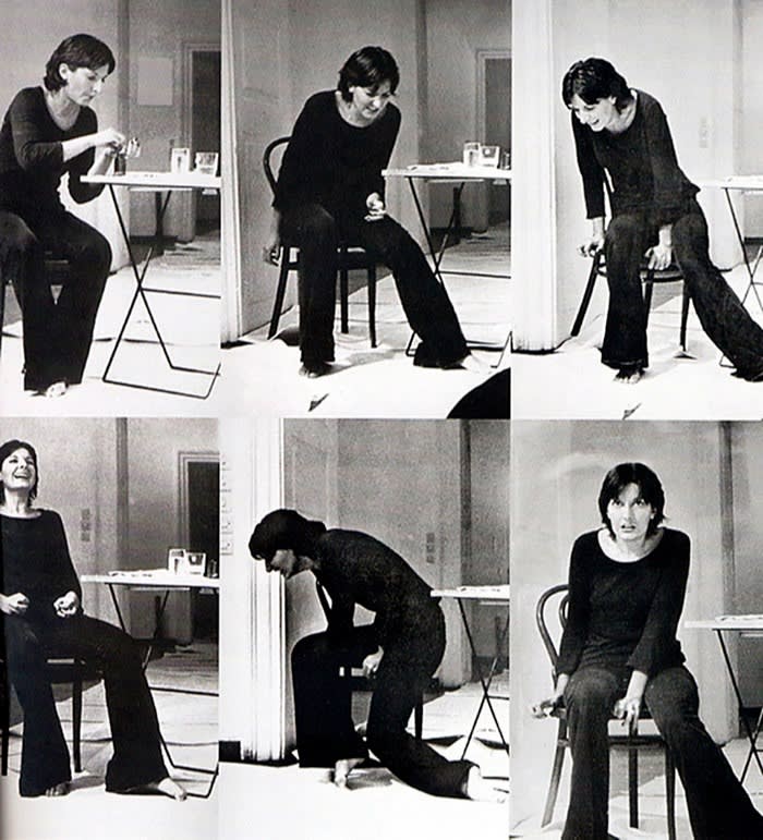 Six pictures of Marina Abramović, dressed in black, sitting in different po...
