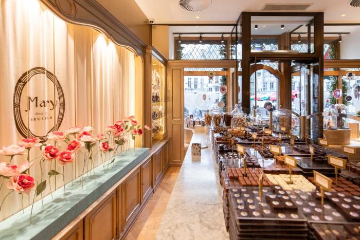 Pralines and truffles on display at Chocolaterie Mary in Brussels