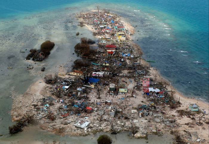 An aerial view of a coastal town devastated by super Typhoon Haiyan in Samar province, Philippines