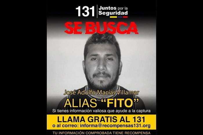 A wanted poster for José Adolfo Macías Villamar, leader of the Los Choneros gang
