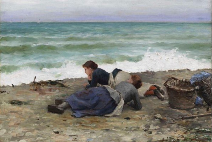 A painting of two women lying on shingle close to the shoreline   