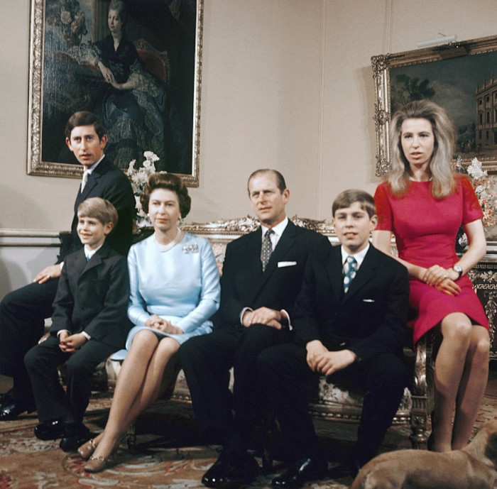 1972: The royal family at Buckingham Palace. From the left, Prince Charles, Prince Edward, the Queen, Prince Philip, Prince Andrew and Princess Anne