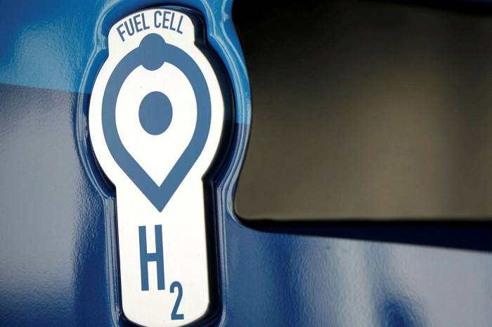 A fuel cell badge is seen on the Toyota Motor Corp. hydrogen fuel cell powered semi-truck