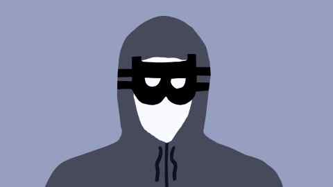 Illustration of a figure wearing a grey hoodie and a burglar’s mask in the design of crypto