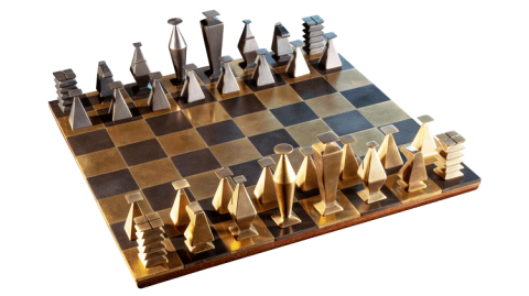 A complete chess set made of brass and walnut