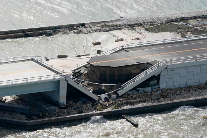 A section of the damaged Sanibel Causeway that collapsed into the Gulf of Mexico