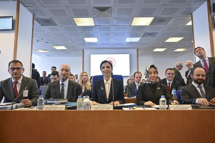 Hafize Gaye Erkan holds a meeting in Ankara. The appointment of the former Goldman Sachs banker as Turkey’s first female central bank chief was seen as a particularly important step towards economic orthodoxy