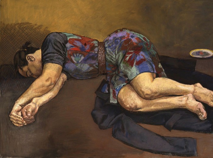 A painting of a woman in a purple floral dress sleeping 
