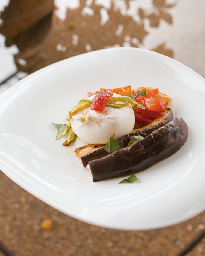Burrata with marinated aubergines and peppers