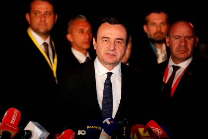 Kosovo Prime Minister Albin Kurti speaks to the media after meeting with Serbian President Aleksandar Vucic