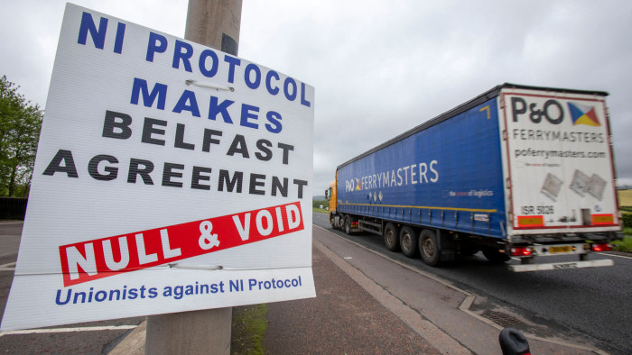 A lorry passes a Northern Ireland protocol banner