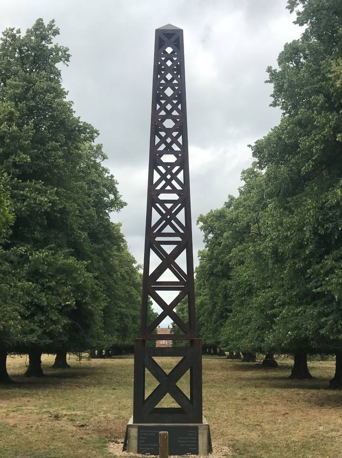 The obelisk honouring wartime interns at the rose garden at Godmanchester