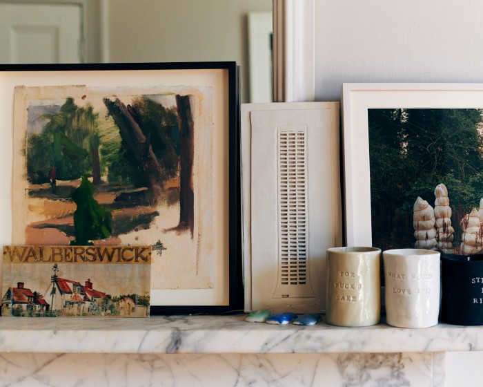 Ceramics, paintings, and a vintage postcard of Walberswick