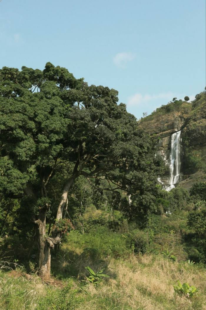 A waterfall plunges down a hillside in the distance