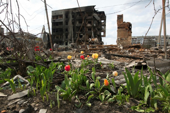 Destroyed buildings in Borodyanka, the most badly damaged of the towns north-west of Kyiv, Ukraine