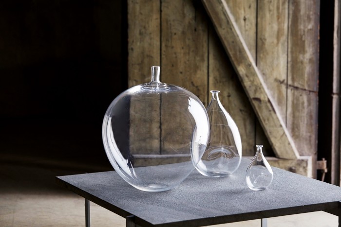 From left: The Apple, 1957, £3,567.  Etched crystal vase, 1955, £3,600.  Etched crystal glass, 1950s, £900.  All by Ingeborg Lundin