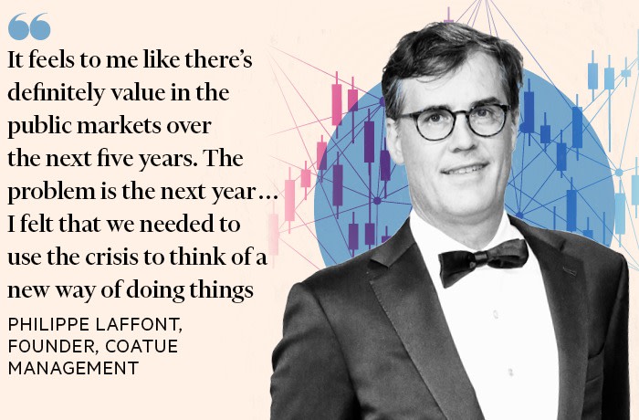 Image of Philippe Laffont, of Coatue Management, displayed with the quote: “It feels to me like there’s definitely value in the public markets over the next five years. The problem is the next year . . .  I felt that we needed to use the crisis to think of a new way of doing things.”