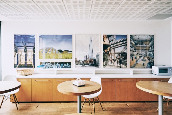 The kitchen space, with images of Renzo Piano Building Works projects around the world