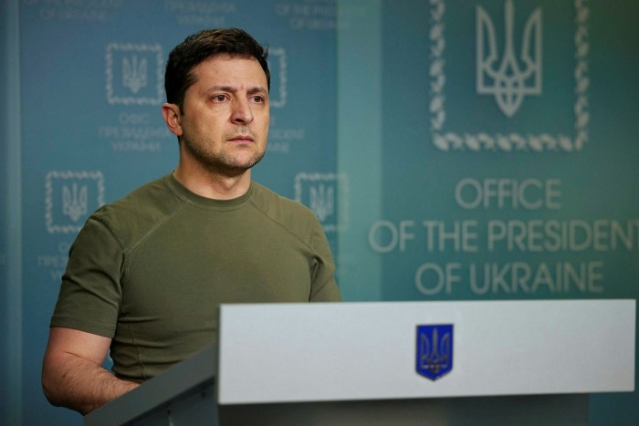 Ukraine’s president Volodymyr Zelensky delivering a speech to the nation at the end of the first day of Russia’s attacks