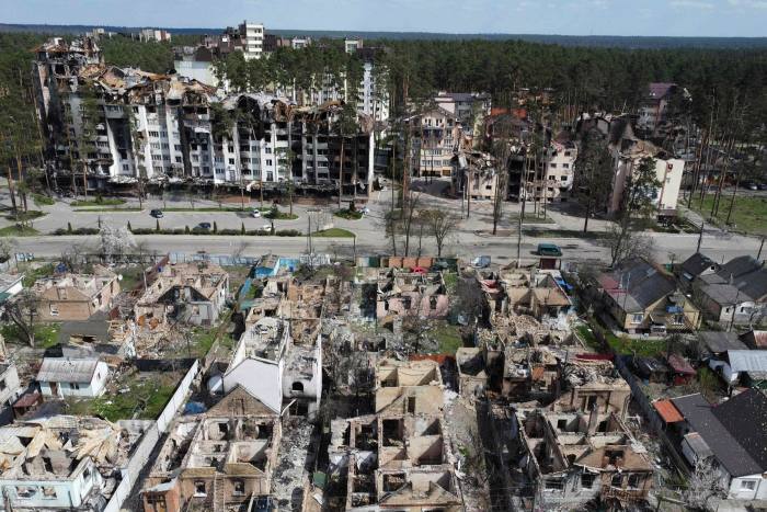 An aerial picture of Irpin, on the outskirts of Kyiv, Ukraine.  The town has been damaged by shelling