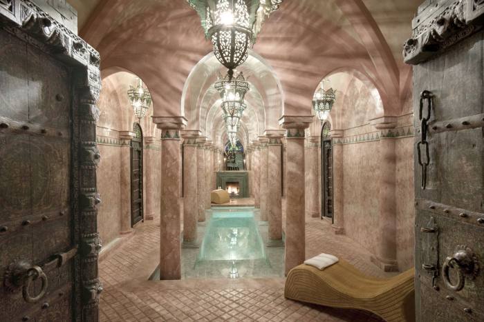 The pink marble spa at La Sultana Marrakech has a hot pool 