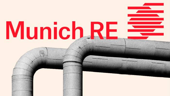 The Munich Re logo superimposed on an image of gas pipelines