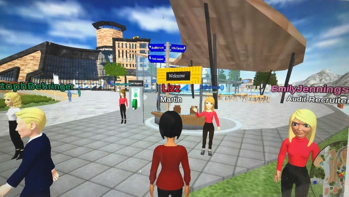 A scene of people walking around a campus, part of the virtual park built by PwC to entertain and inform new recruits