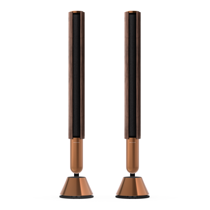 A couple of slender speakers in walnut finish