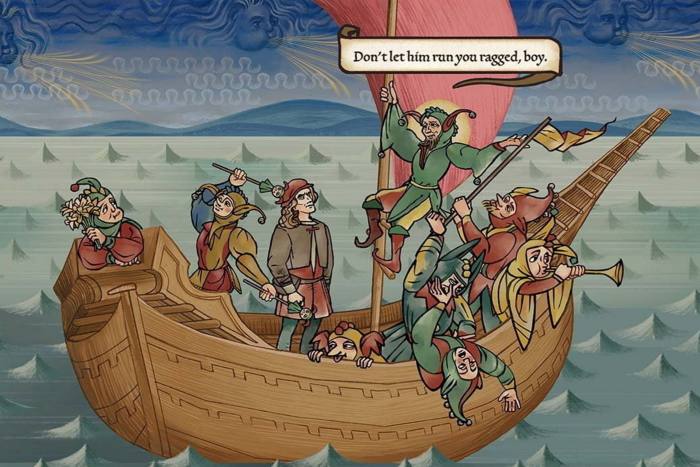 People in medieval jester costumes fill a boat