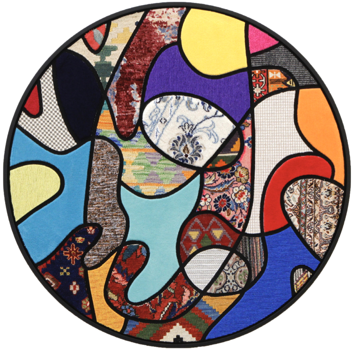 A circular artwork done in a style that evokes stained glass windows - with patterns and colours demarcated by curving black lines