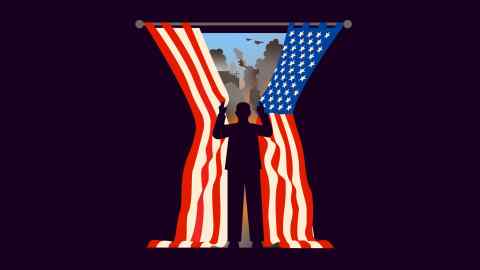 Una ilustración de una persona que usa la bandera estadounidense como cortina para ocultar la guerra que tiene lugar afuera.
