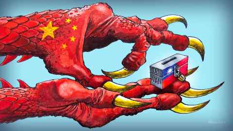 Illustration of a big red dragon claw holding a small ballot box with the Taiwanese flag on it as the other claw, which has the yellow stars of the Chinese flag on it, prepares to flick the ballot box