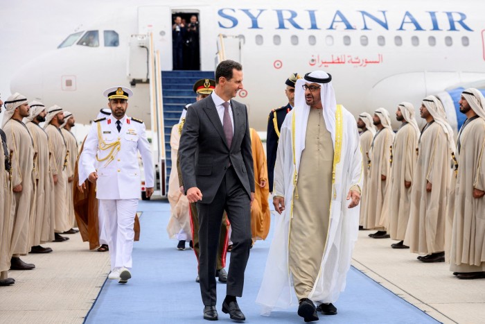 Syria’s president Bashar al-Assad with President of the UAE Sheikh Mohamed bin Zayed Al Nahyan at the Presidential Airport in Abu Dhabi in March