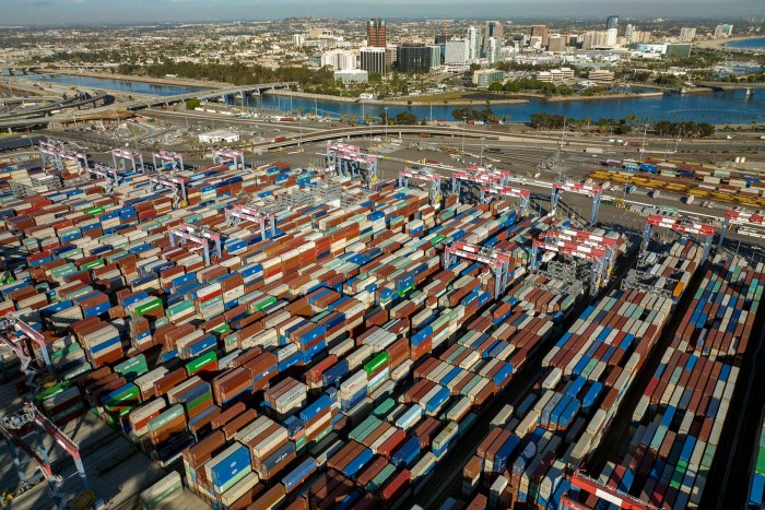 Containers stacked up at the terminal in the Port of Long Beach in California