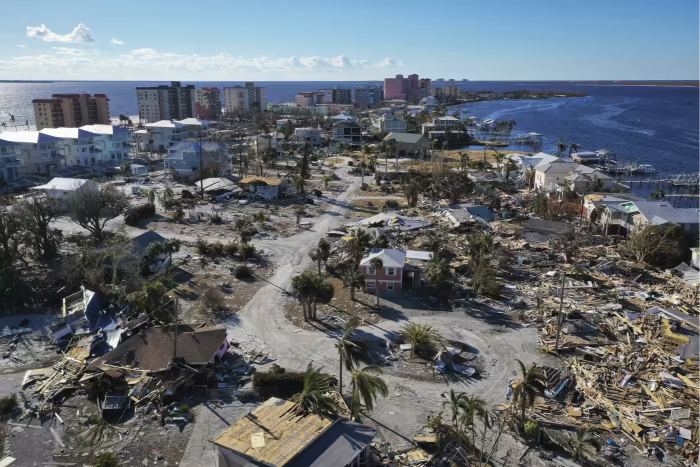 An aerial view of the destruction left in the wake of Hurricane Ian in Fort Meyers Beach