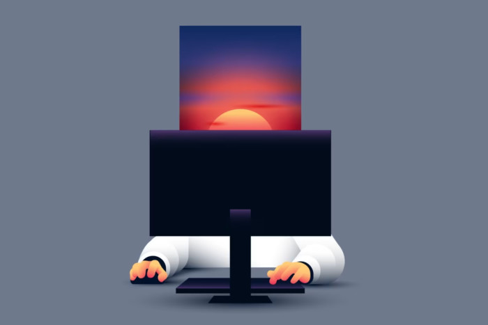 Illustration showing a person behind a computer, with the image of sunset behind them