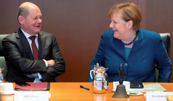 Olaf Scholz and Chancellor Angela Merkel during a cabinet meeting in January 2020
