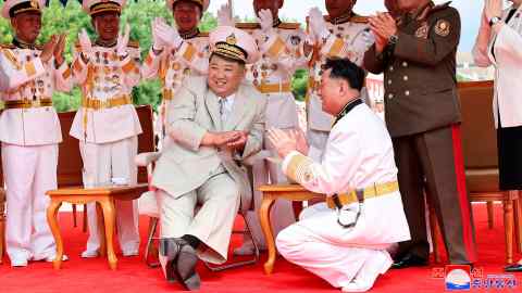 Kim Jong Un at a launch ceremony of what he says is a new nuclear attack submarine on September 6