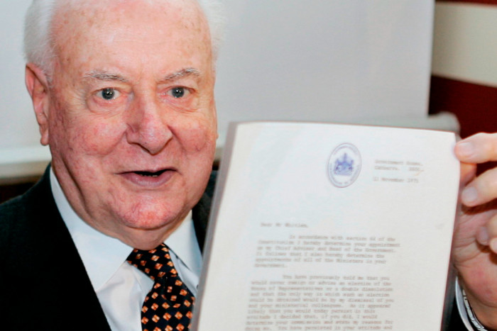 A 2005 archive photo of former Australian prime minister Gough Whitlam with the 1975 dismissal letter he received from then governor-general Sir John Kerr