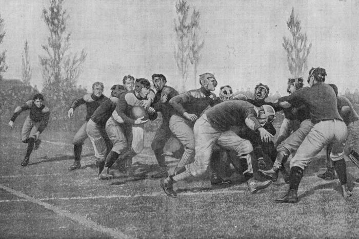 Image of a 1905 American football match. In 1905, after 18 deaths and more than 100 serious injuries in the previous college football season alone, US president Theodore Roosevelt urged coaches to clean up the sport