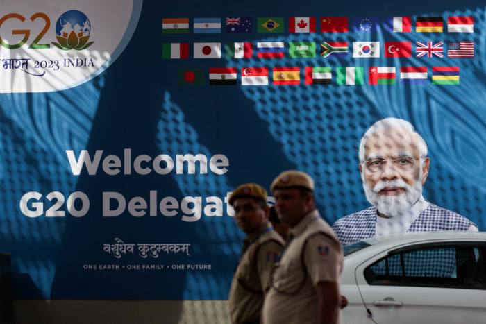 A poster of Indian prime minister Narendra Mod welcoming delegates to the G20 summit in New Delhi, India