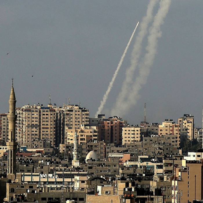 Rockets are fired towards Israel from Hamas-controlled Gaza City