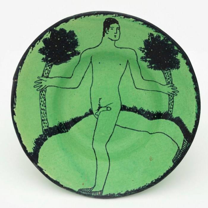 Hand drawn plate showing a nude man against a green background with trees and grass 