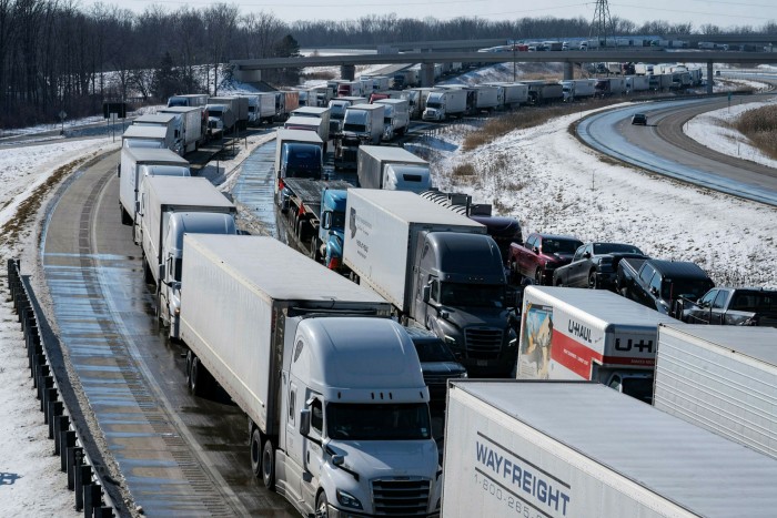 Trucks heading to Canada encountered gridlock after they were diverted from the Ambassador Bridge to the Blue Water Bridge in Port Huron, Michigan