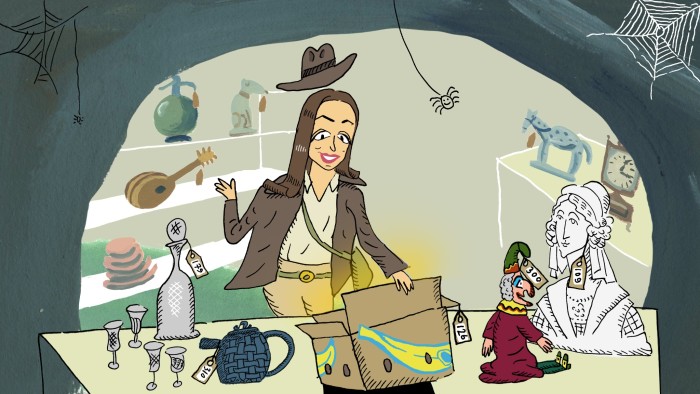 Illustration of an Indiana Jones-like woman rummaging through auction pieces
