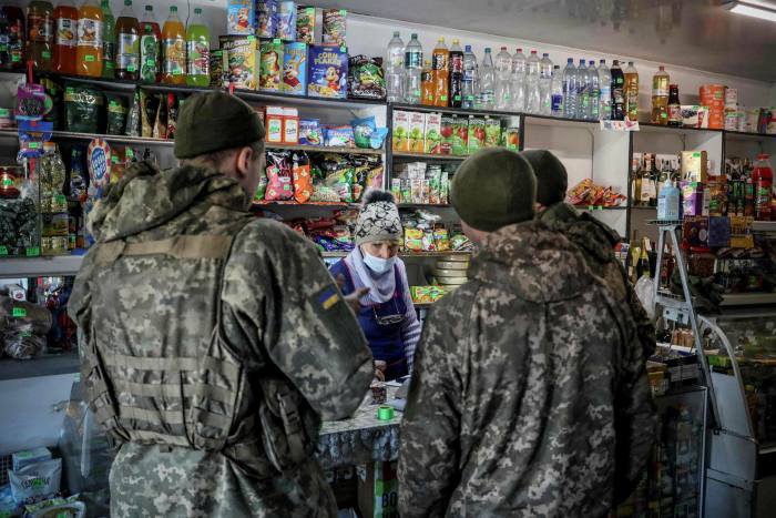 Ukraine's military forces in a shop in Avdiivka in the Donetsk region