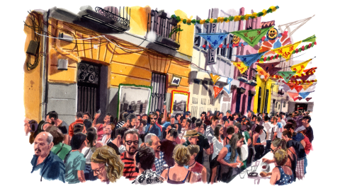 A colourful illustration of a Spanish street party