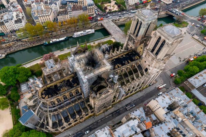Aerial view of damaged Notre Dame