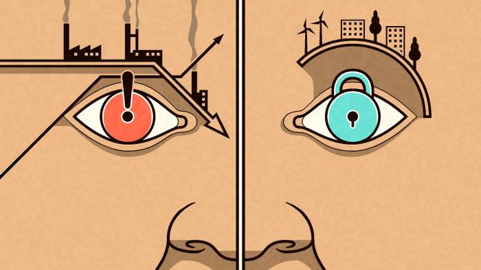 A stylised face which has a red eye with an industrial landscape as an eyebrow, while the other eye is light blue and has residential buildings, wind turbines and trees as its eyebrow
