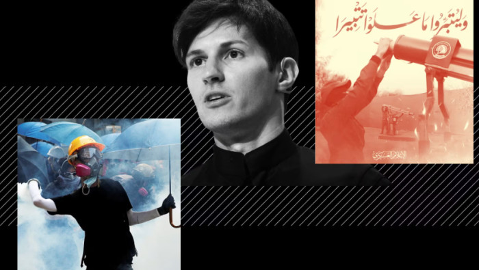 Montage of Pavel Durov, a Hong Kong protestor wearing a gas mask and a Hamas terrorist